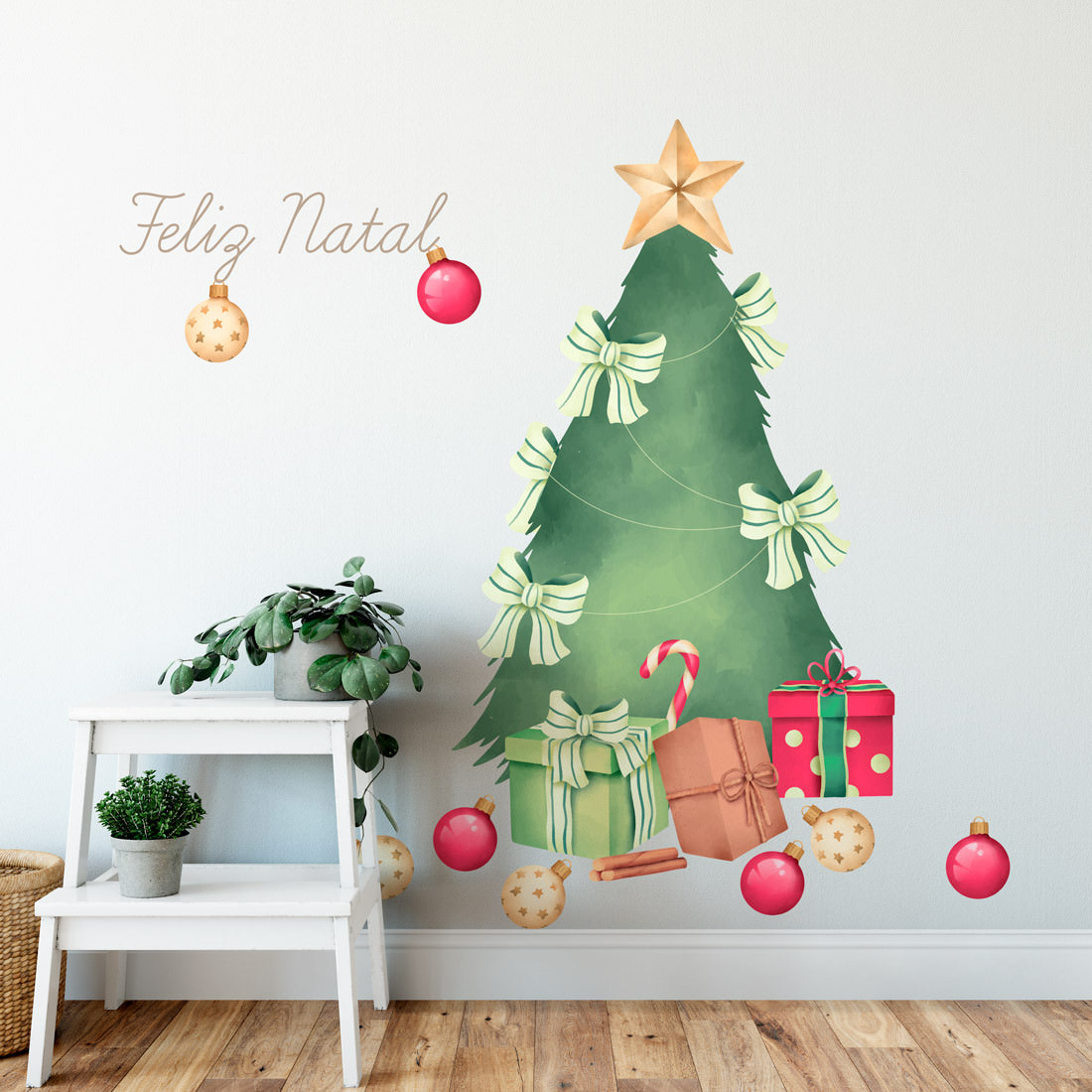 Adesivo de Parede Tradicional Árvore de Natal Presentes - Modelo Exclusivo  | Bem Colar