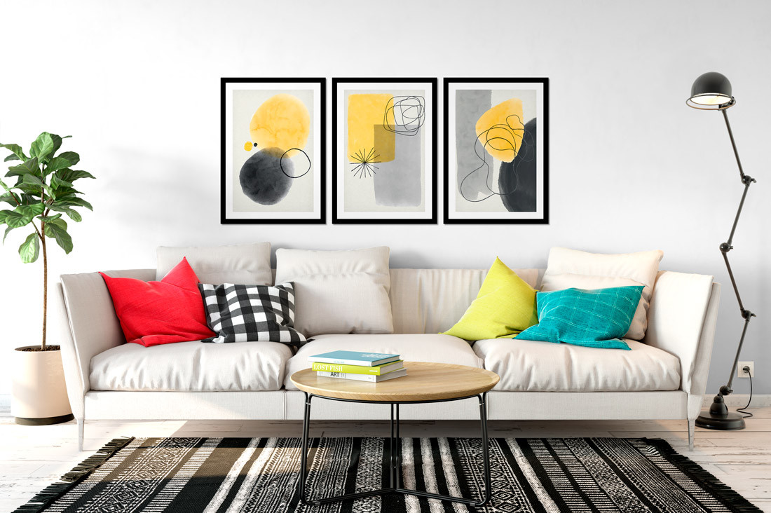 Conjunto de Quadros Decorativos Formas Abstratas Amarelo e Preto | Bem Colar